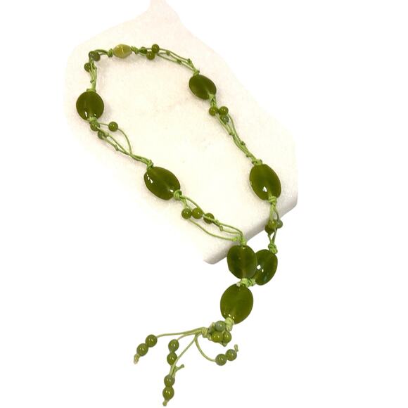 Agate and Glass Beaded Hand-Corded long Tassel Style Drop Necklace 24 in - Picture 1 of 6